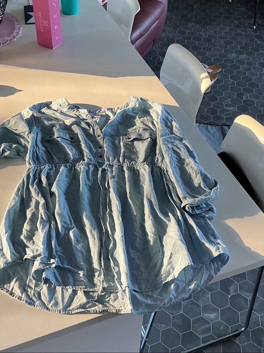 Motherhood Light Blue Denim-Style Peplum Blouse